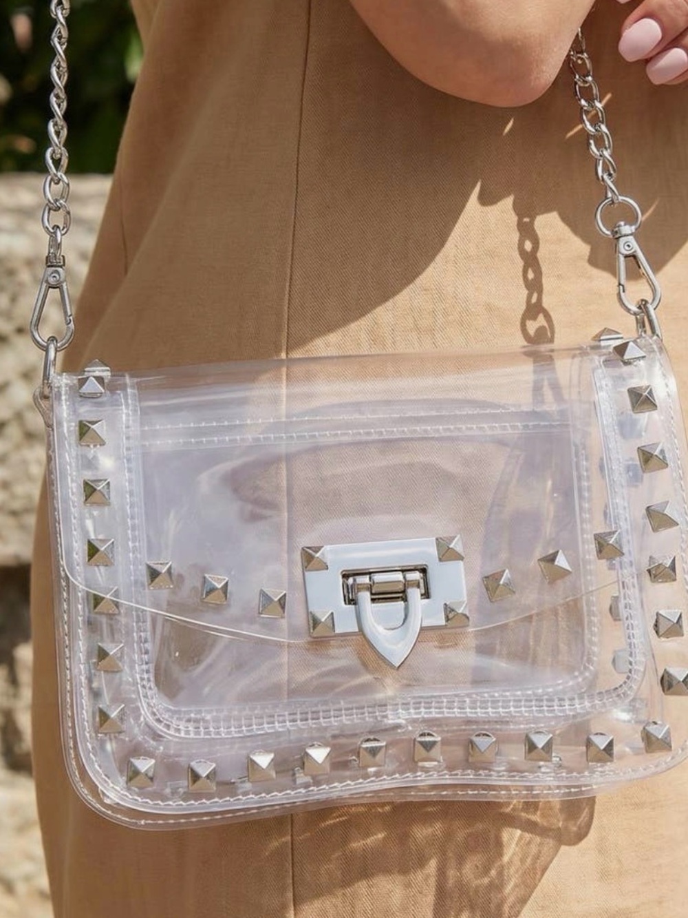 Clear Studded Crossbody Bag with Silver Hardware